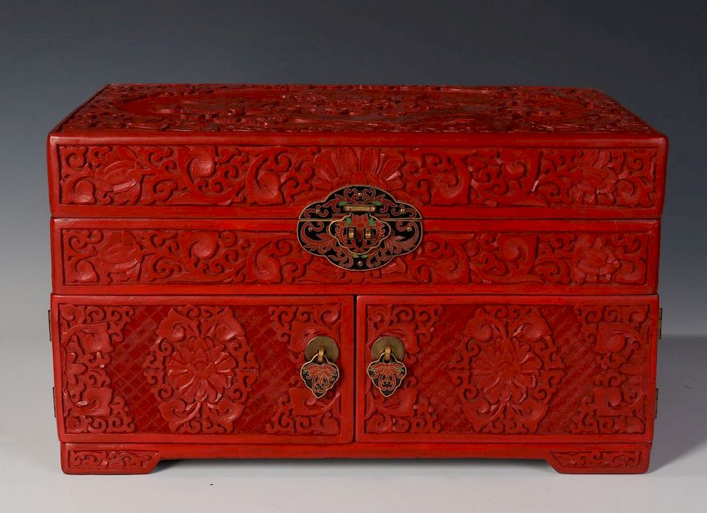 Appraisal: A LARGE CINNABAR JEWELRY CASKET WITH CLOISONNE Lift-top reveals an