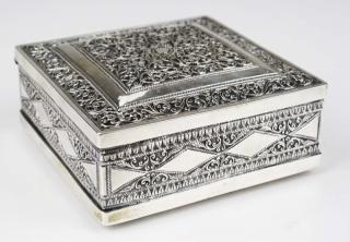 Appraisal: Finely hand repousse all over decorated square Indo-Persian silver box-tests