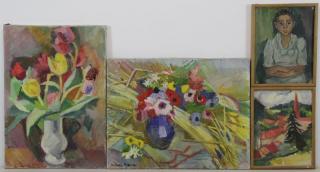 Appraisal: MARRE Helene Four Oils Vertical still life with flowers -