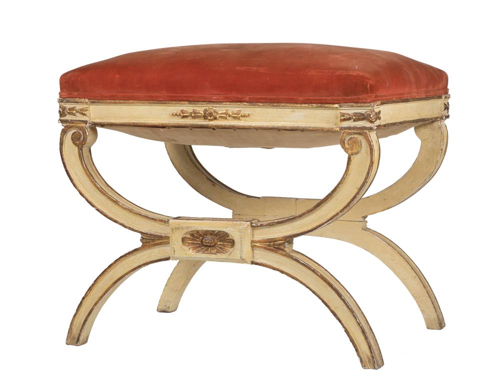 Appraisal: Neoclassical-Style Creme Peinte and Gilt Curule Stool velvet upholstery h