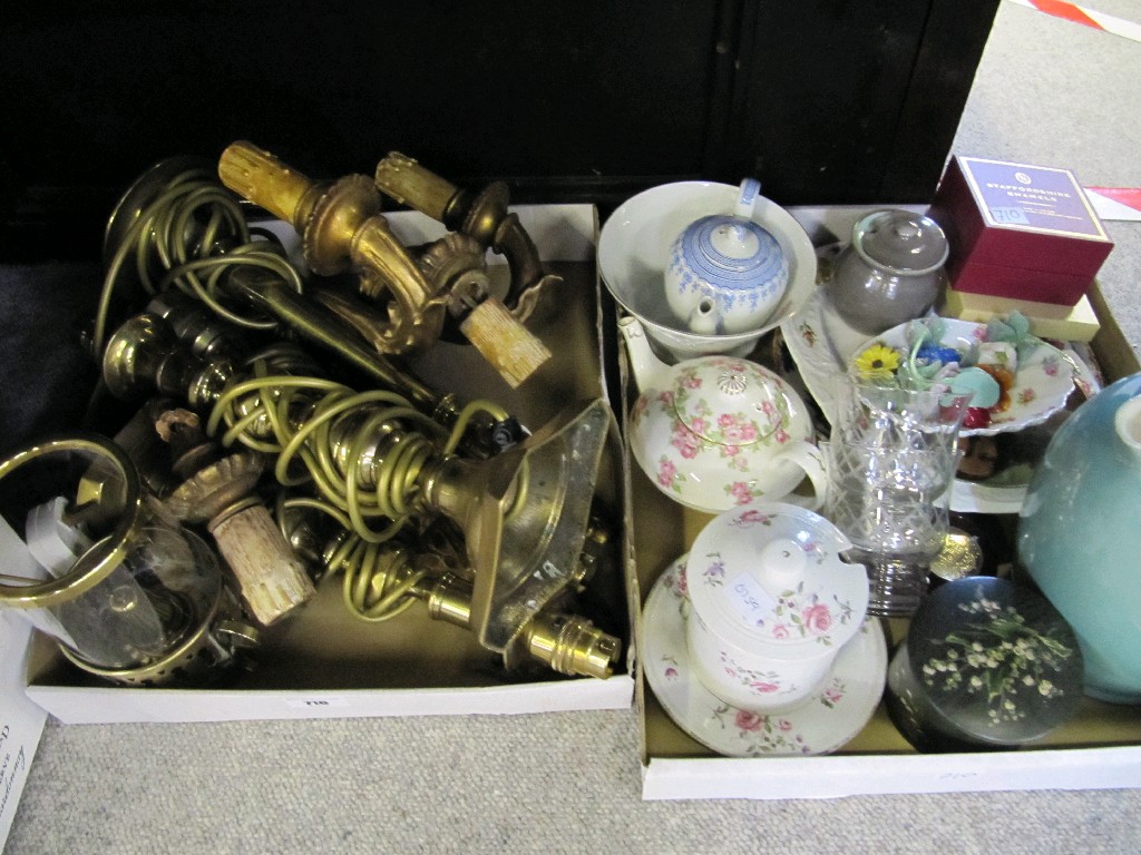 Appraisal: Tray lot of brass lamps and another of assorted ceramics