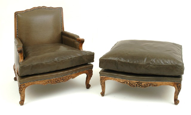 Appraisal: A LOUIS XV STYLE BERGERE AND OTTOMAN The rectangular back