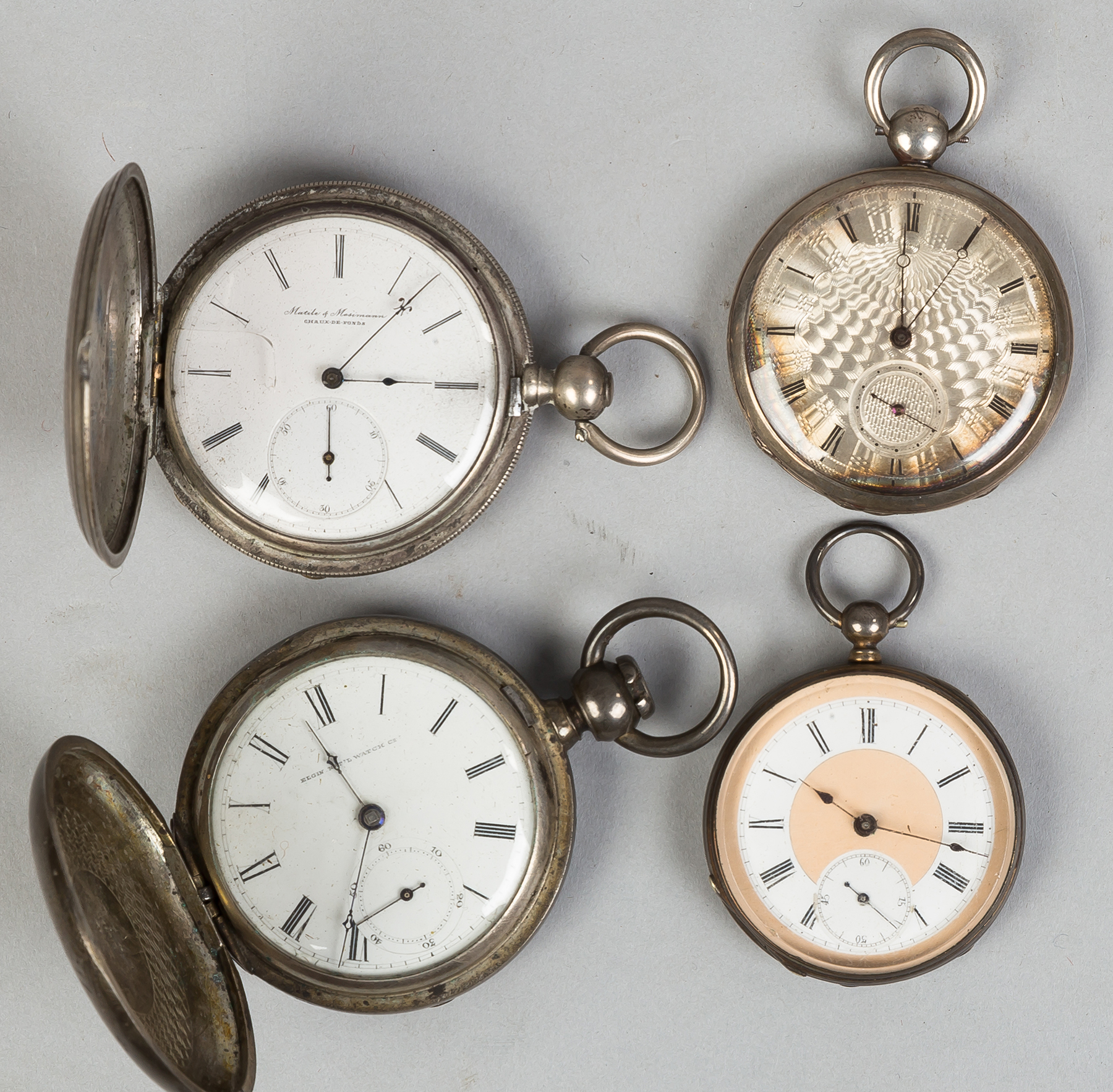 Appraisal: Four Coin Silver Pocket Watches L to R Elgin Matile