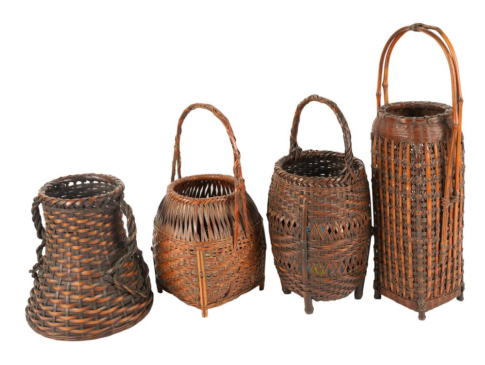 Appraisal: FOUR JAPANESE HANAKAGO IKEBANA BASKETS woven bamboo the double-handled basket