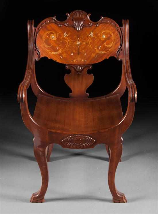 Appraisal: Late Victorian marquetry and mother-of-pearl inlaid carved mahogany savonarola chair