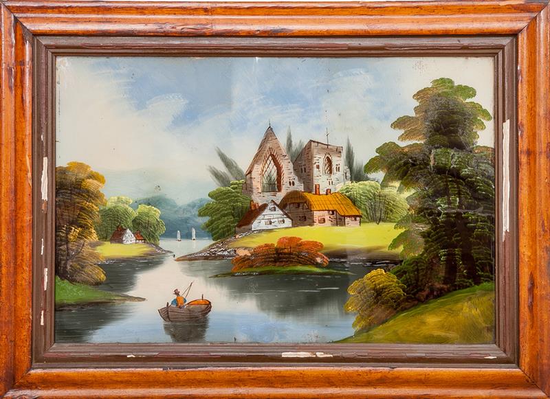 Appraisal: th Century School Riverscape with Ruins Reverse glass painting unsigned