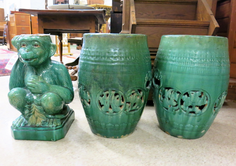 Appraisal: THREE ARTICLES OF CHINESE GREEN-GLAZED POTTERY H monkey pedestal and