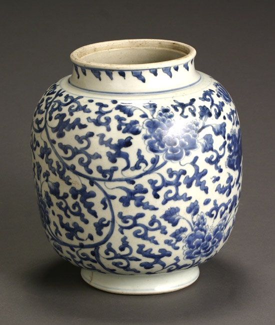 Appraisal: Chinese Blue and White Jar th Century Lacking lid base