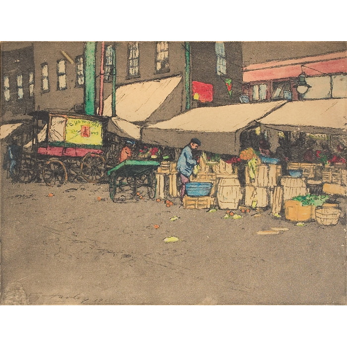 Appraisal: E T Hurley color etching '' th Street Market ''