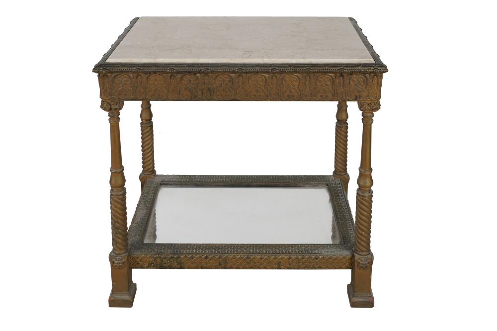 Appraisal: TRAVERTINE CARVED GILTWOOD SIDE TABLEwith mirror-inset undershelf Condition overall darkening