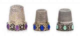 Appraisal: Three Silver and Hardstone Thimbles comprising an example with a