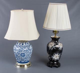 Appraisal: Ceramic Urn Style Lamps Two One with cobalt blue foliate