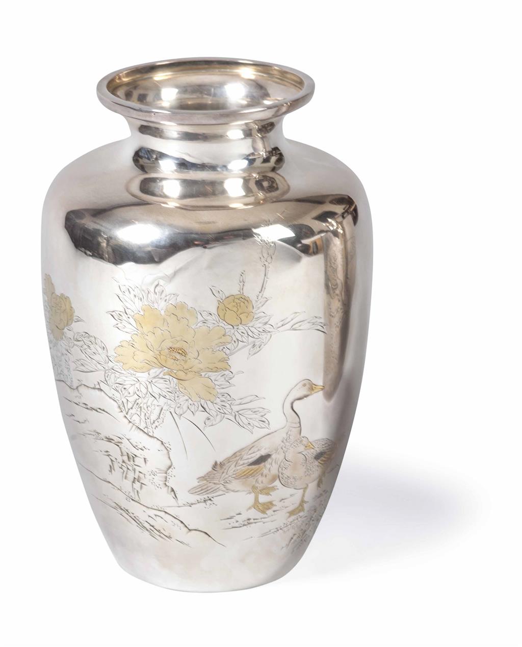 Appraisal: JAPANESE SILVER VASE MEIJI PERIOD decorated with geese on a