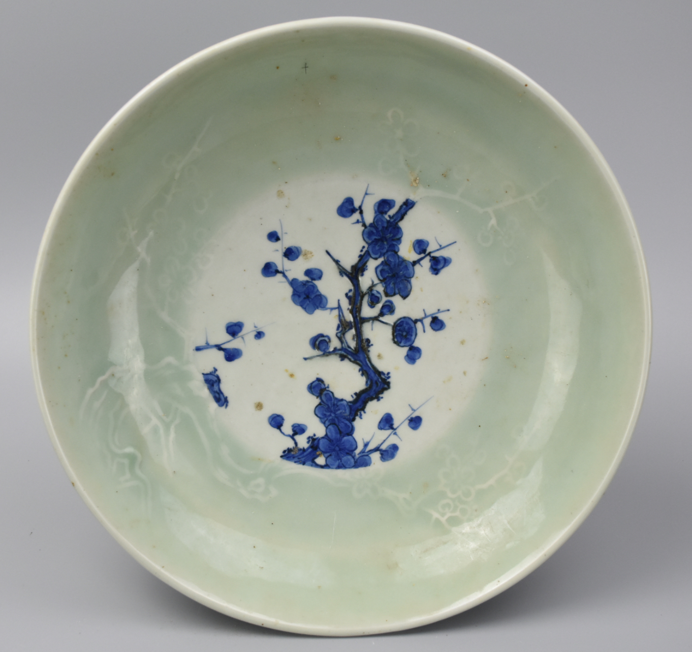 Appraisal: JAPANESE CELADON BLUE WHITE CHARGER TH C a nicely done