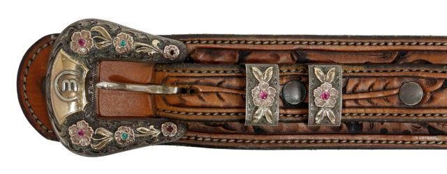 Appraisal: Western tooled leather belt and ranger buckle set pc sterling