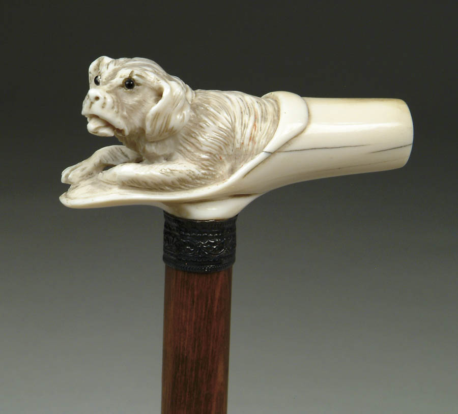 Appraisal: FINE CARVED IVORY DOG IN SHOE CANE T-shaped cane has