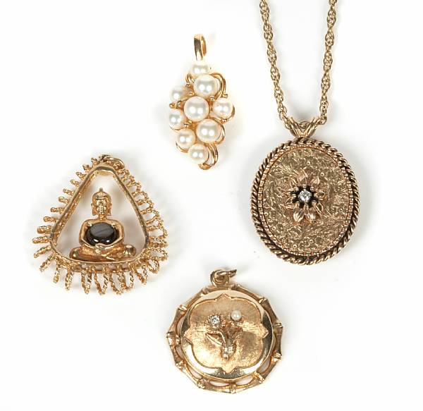 Appraisal: A collection of six gem-set cultured pearl diamond and gold