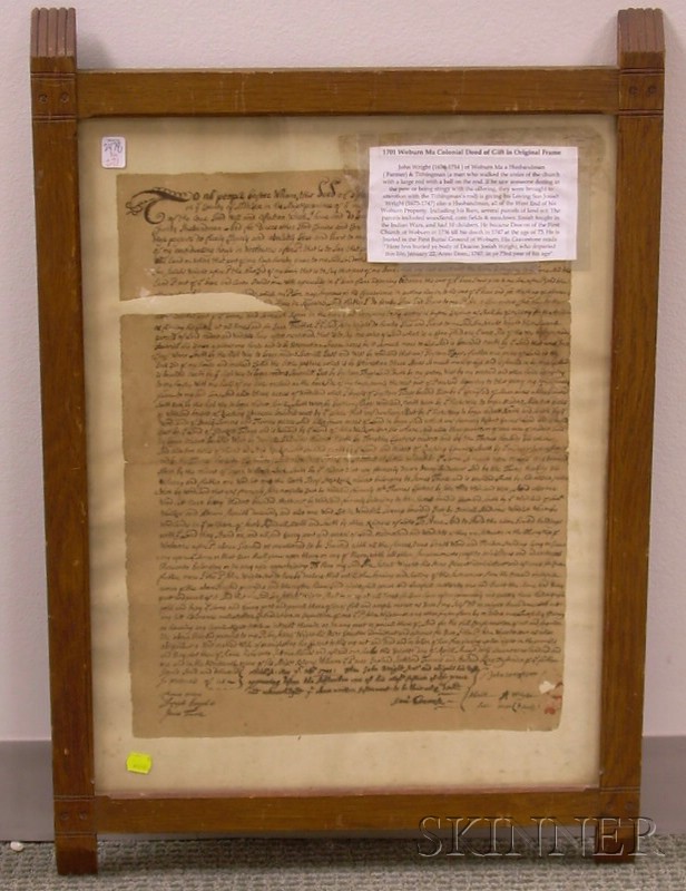 Appraisal: Massachusetts Colonial Deed of Gift th Century large manuscript deed