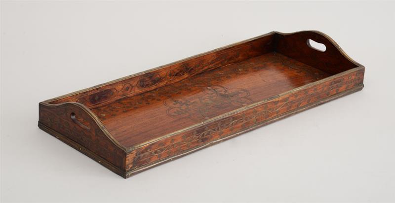 Appraisal: INDIAN BRASS INLAID HARDWOOD TRAY Inlaid with foliate vines the