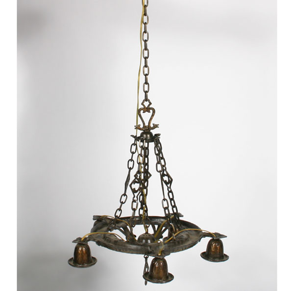 Appraisal: Hanging metal lamp hammered surface embossed rosettes five light Fixture