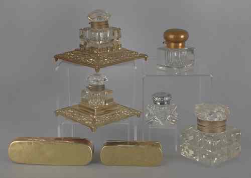 Appraisal: Five brass and cut glass inkwells together with two Dutch