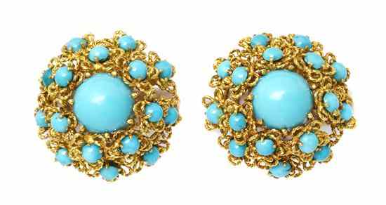 Appraisal: A Pair of Karat Yellow Gold and Turquoise Earclips in