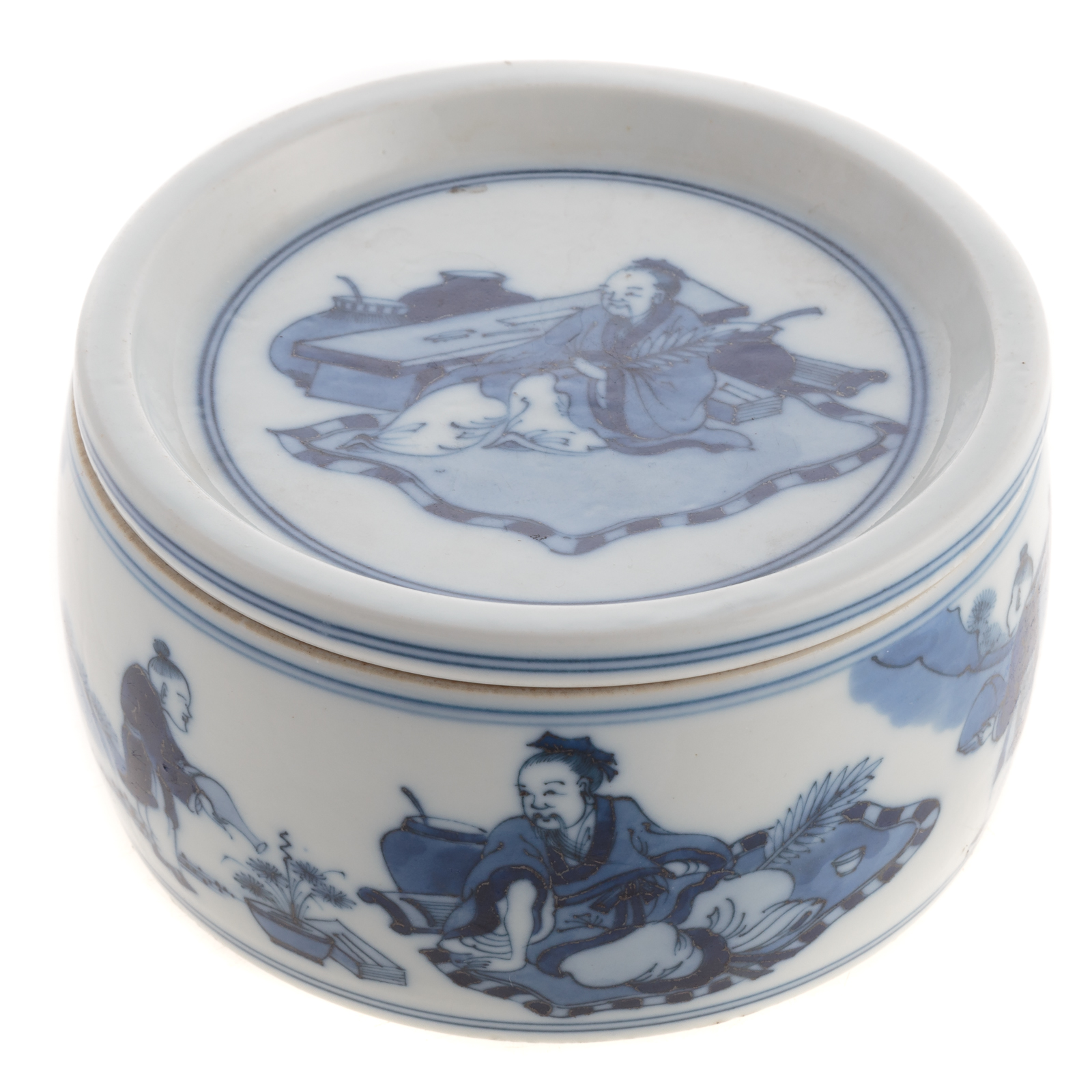 Appraisal: CHINESE BLUE WHITE PORCELAIN BOX Lid with decoration of scholar