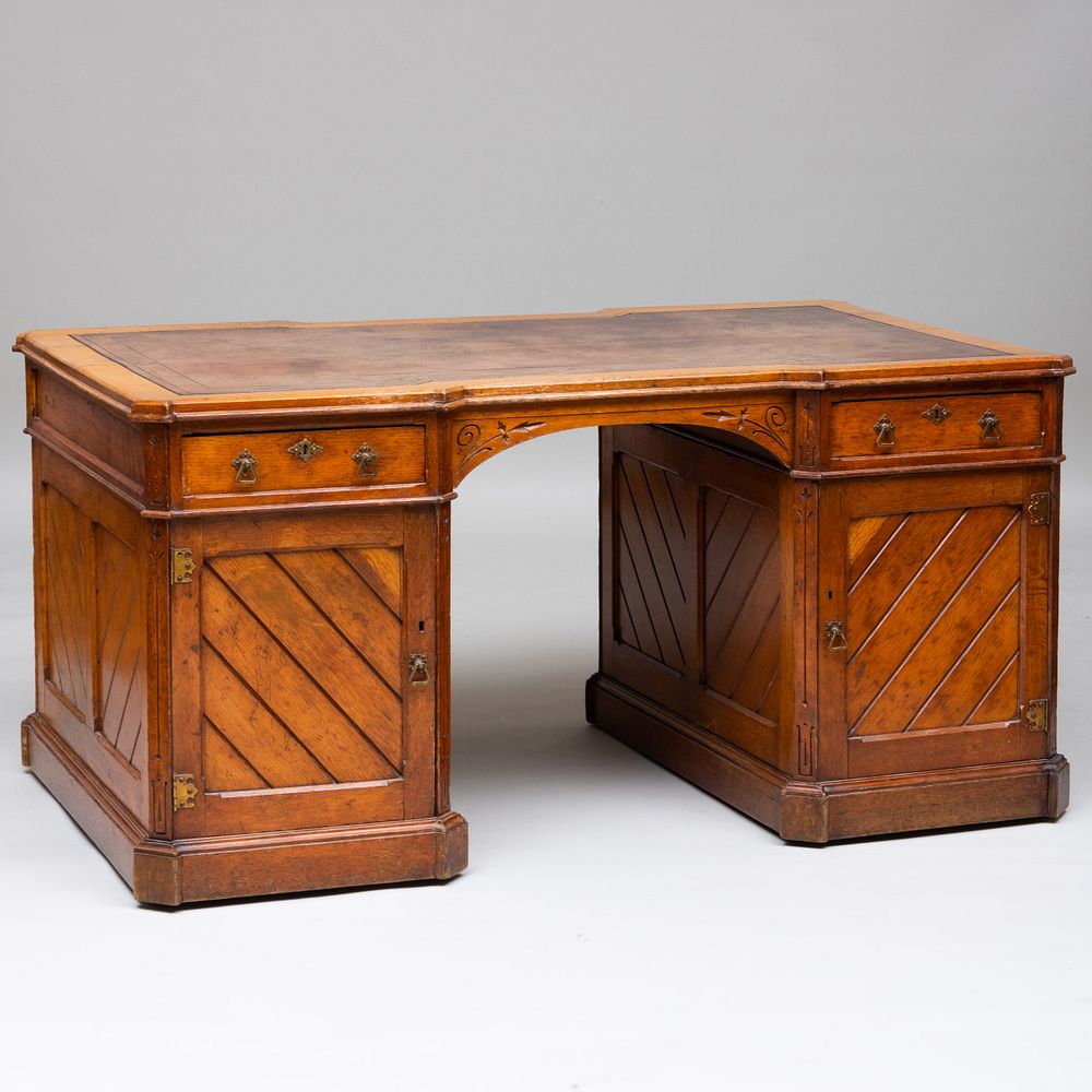 Appraisal: Victorian Neo-Gothic Oak and Leather Pedestal Desk Fitted with a