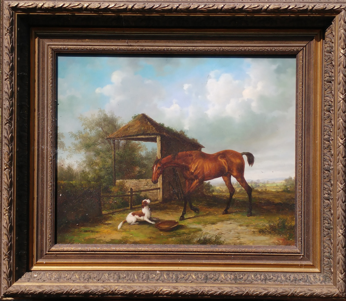 Appraisal: Jan Mortel - Horse and dog in stable oil on