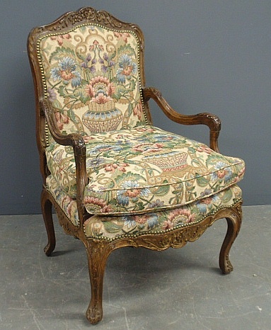 Appraisal: - French open armchair with tapestry upholstery th c h