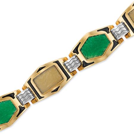 Appraisal: Art Deco Two-Color Gold Carved Chalcedony and Black Enamel Bracelet