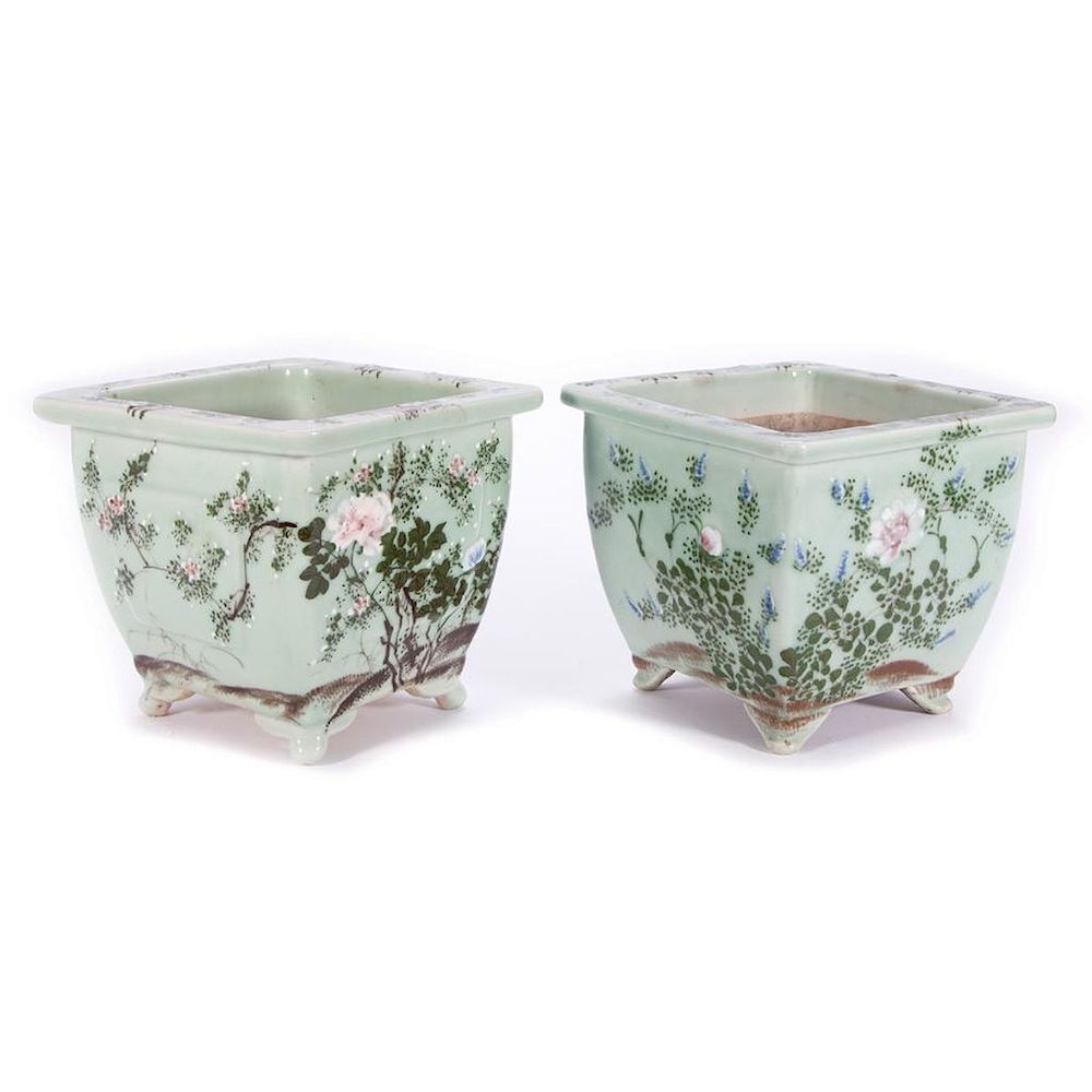 Appraisal: Pair of Celadon Planters Chinese Pair Celadon Planters with raised