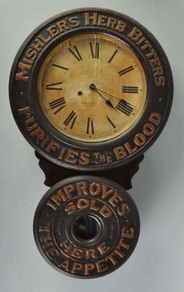 Appraisal: Mishler's Herb Bitters Baird Advertising Clock Description Circa Includes pendulum