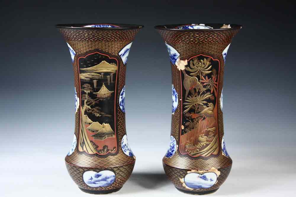 Appraisal: PAIR LACQUERED PORCELAIN VASES - Pair Japanese Vases with Lacquer