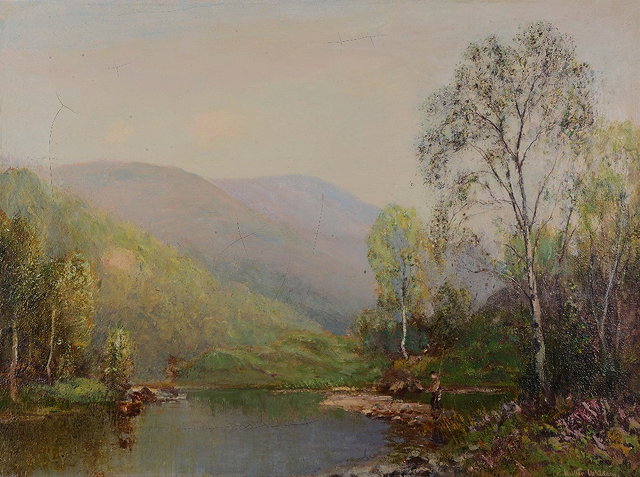 Appraisal: WALTER MCADAM - A mountainous river landscape with angler signed