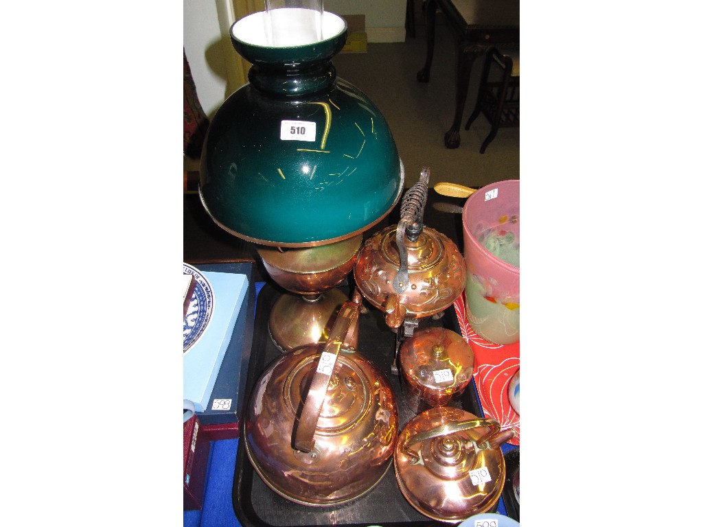 Appraisal: Lot comprising copper oil lamp copper spirit kettle two other