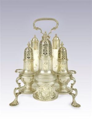 Appraisal: A George II Warwick cruet frame fitted with one large