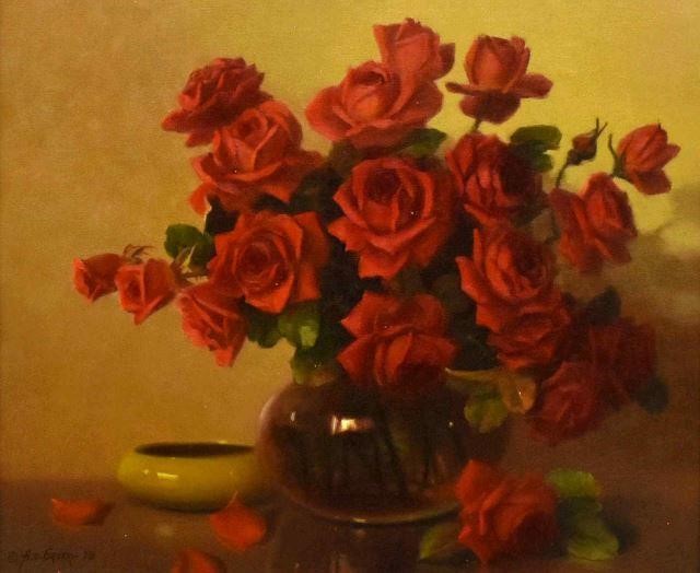 Appraisal: Framed oil painting on canvas Still Life with Red Roses