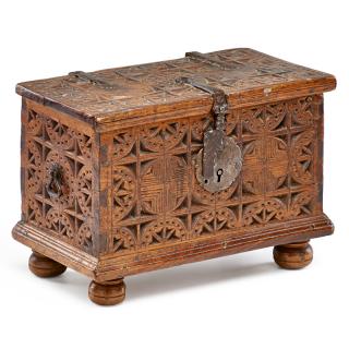 Appraisal: DUTCH CARVED OAK CASKET Dovetailed box with intricate geometric carving