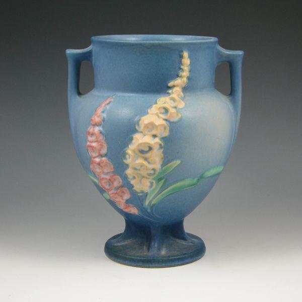 Appraisal: Roseville Foxglove handled vase in blue Marked Roseville USA -