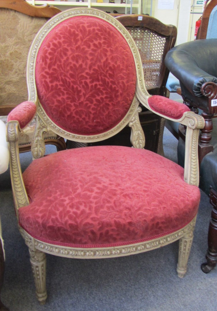 Appraisal: A green painted carved beech Louis XVI style fauteuil with