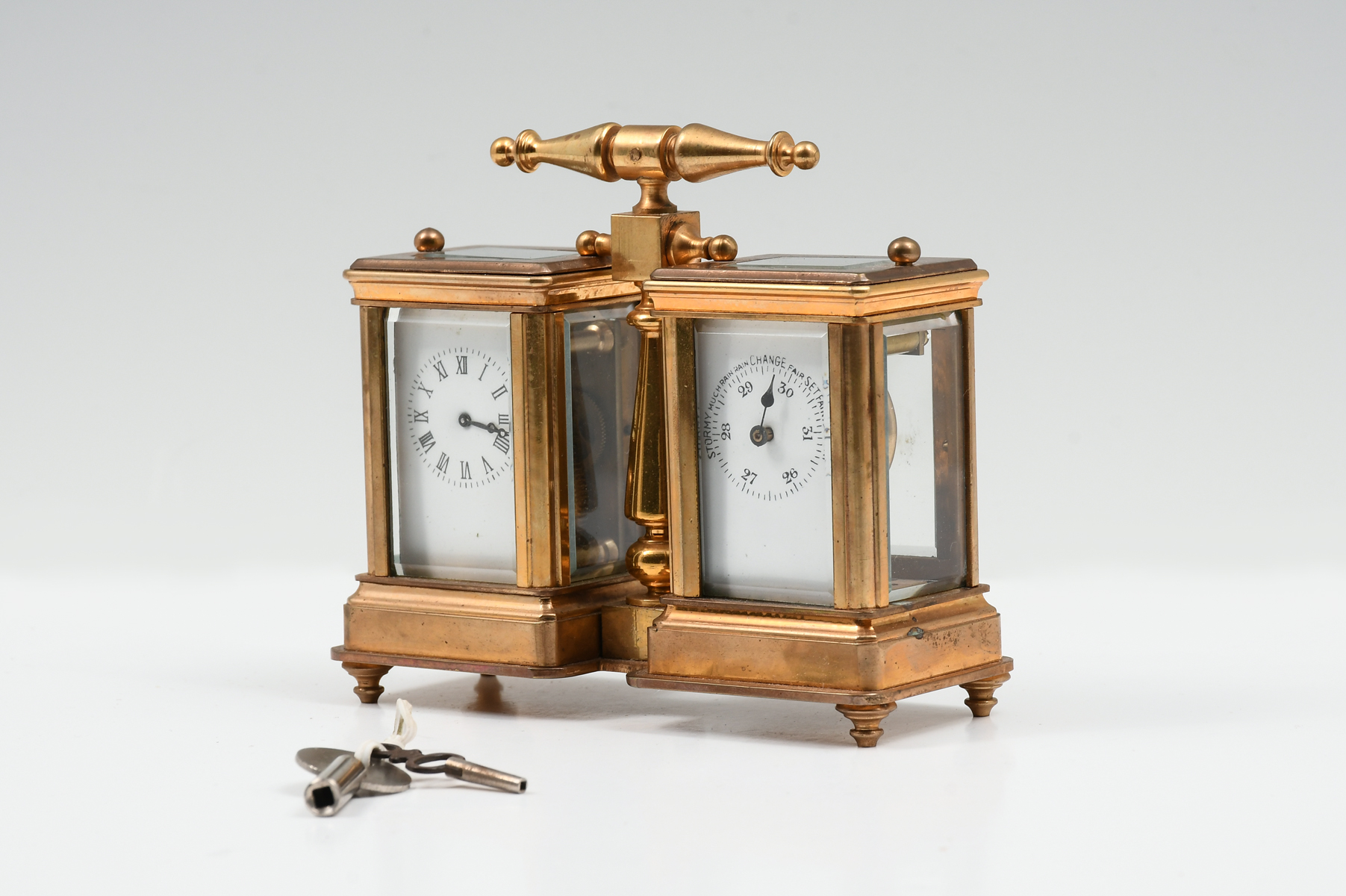 Appraisal: FRENCH CARRIAGE CLOCK HYGROMETER SET Late th-century French double Carriage