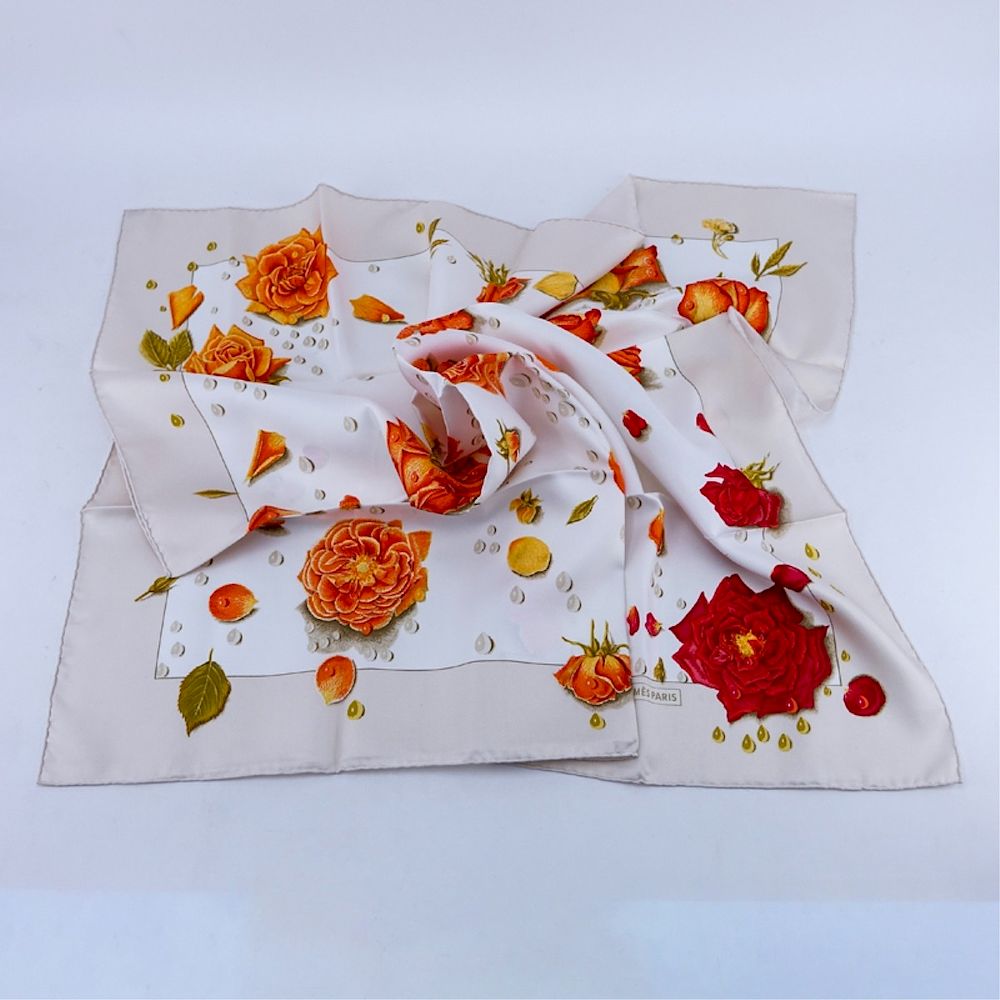 Appraisal: Hermes Silk Scarf Orange Rose Motif Hermes Silk Scarf Orange