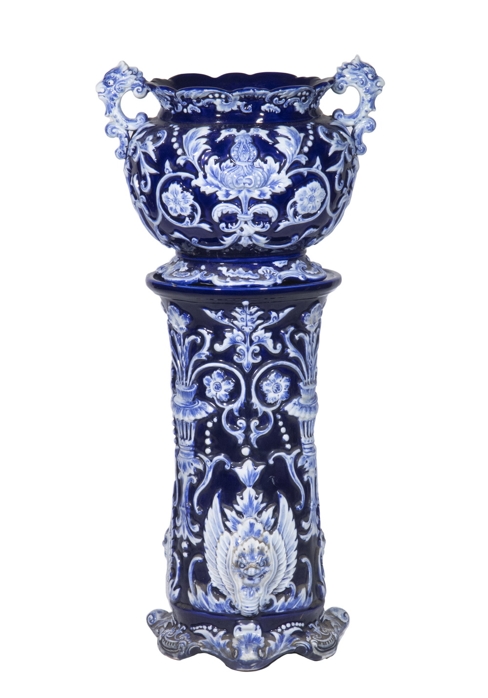 Appraisal: ART NOUVEAU MAJOLICA JARDINIERE PEDESTAL Large Late Victorian Blue White