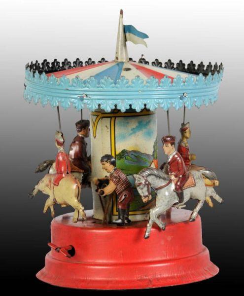 Appraisal: Tin Gunthermen Merry-Go-Round Wind-Up Toy Description German Working Flag is