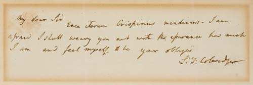 Appraisal: COLERIDGE SAMUEL TAYLOR Autograph Letter Signed S T Coleridge to