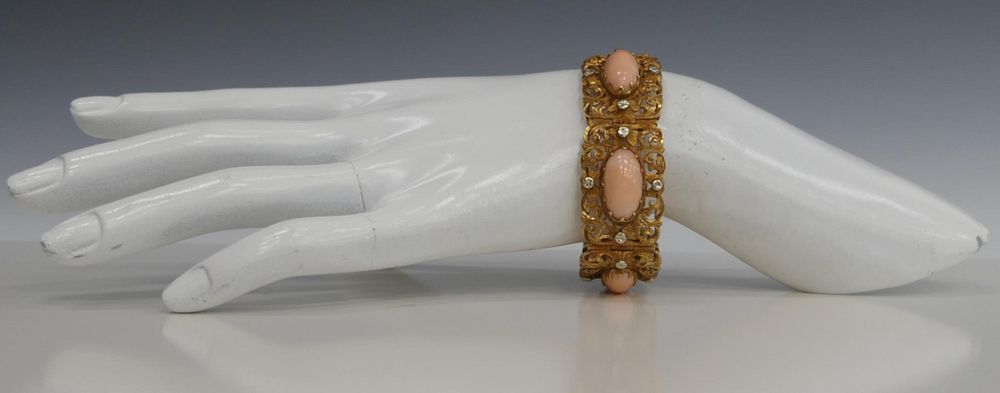 Appraisal: K YG CABOCHON ANGEL SKIN CORAL PANEL BRACELET A vintage