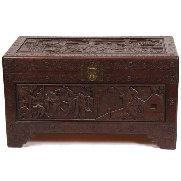 Appraisal: Chinese carved camphor chest with court scenes in high relief