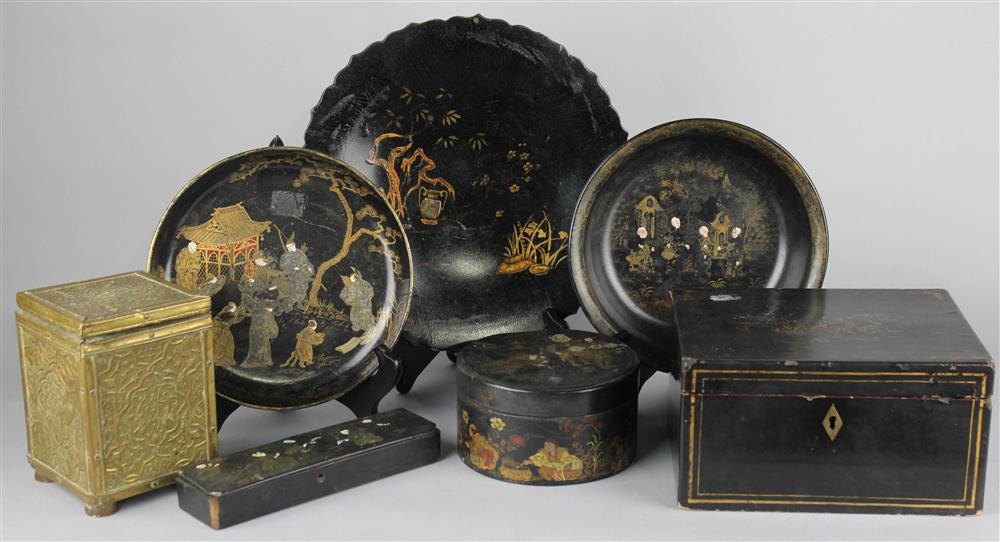 Appraisal: SIX BLACK JAPANNED PIECES AND A BRASS-MOUNTED BOX th century