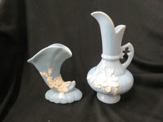 Appraisal: pcs Weller Cameo Pottery cornucopia vase and a ewer blue